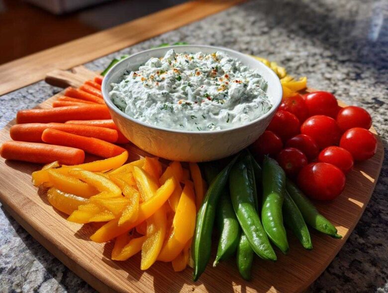 A vibrant Garden Harvest Board featuring fresh vegetables surrounding a bowl of Herb-Infused Ricotta Dip.