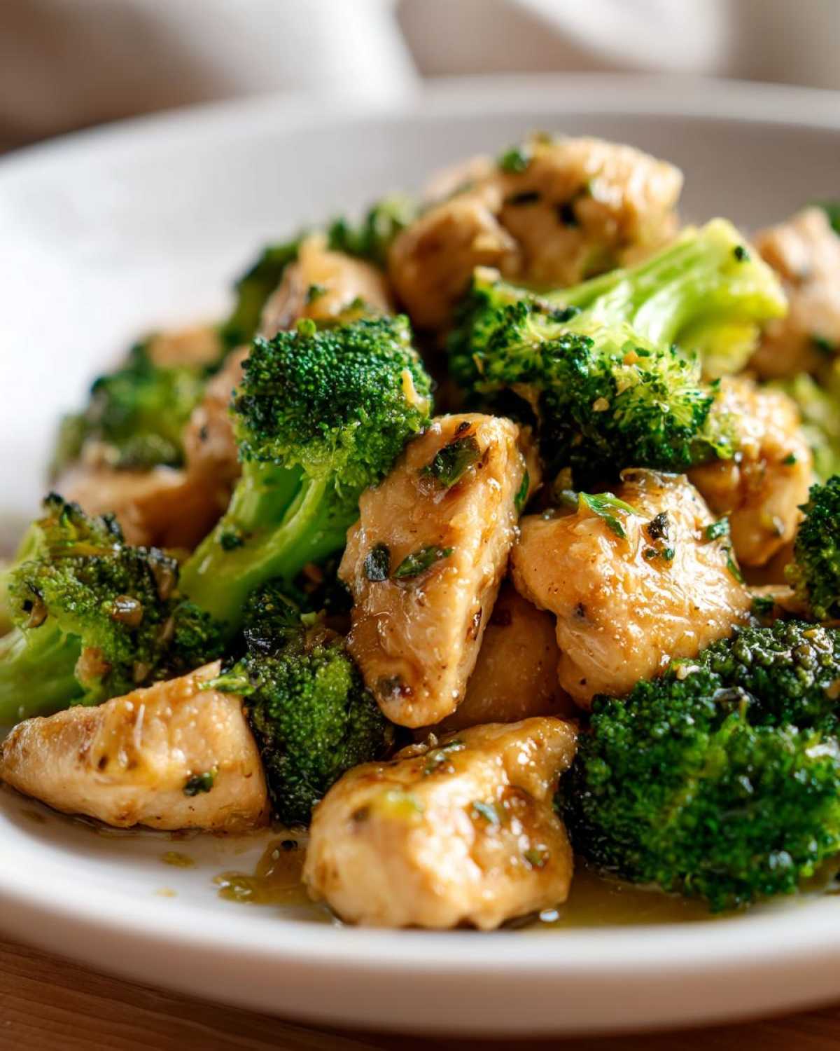 Close-up of tender pieces of Garlic Butter Chicken and bright green broccoli florets coated in a savory sauce.