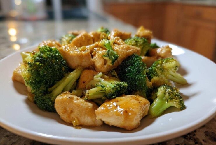 A close-up shot of tender chicken pieces coated in a glossy sauce mixed with bright green broccoli florets, representing Garlic Butter Chicken and Broccoli.