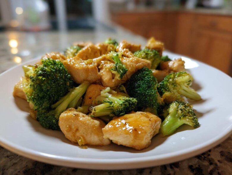 A close-up shot of tender chicken pieces coated in a glossy sauce mixed with bright green broccoli florets, representing Garlic Butter Chicken and Broccoli.