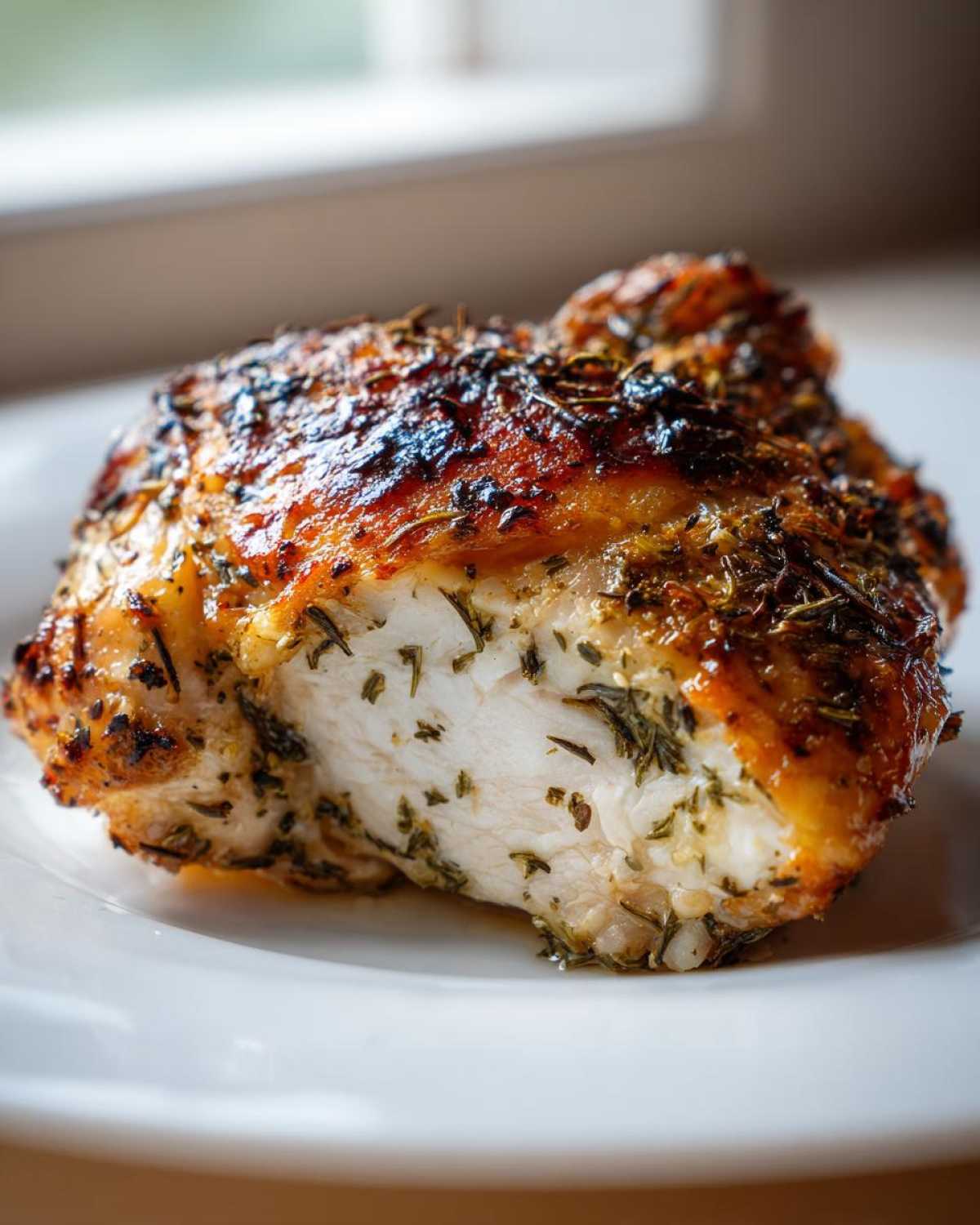 Close-up of a perfectly cooked Herb Roasted Chicken Thighs, showing juicy white meat and crispy, herb-crusted skin.