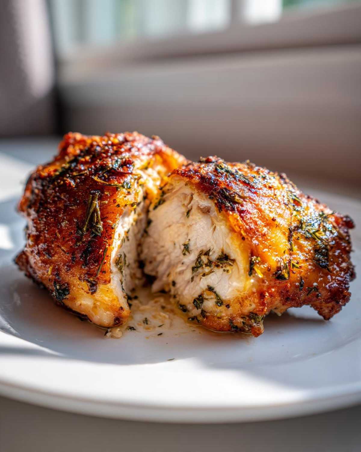 A close-up of Herb Roasted Chicken Thighs, cut in half to show the moist interior and crispy, herb-crusted skin.