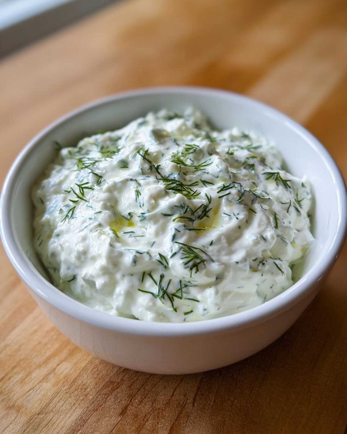 A close-up of thick, creamy Homemade Tzatziki Sauce garnished with fresh dill and olive oil in a white bowl.