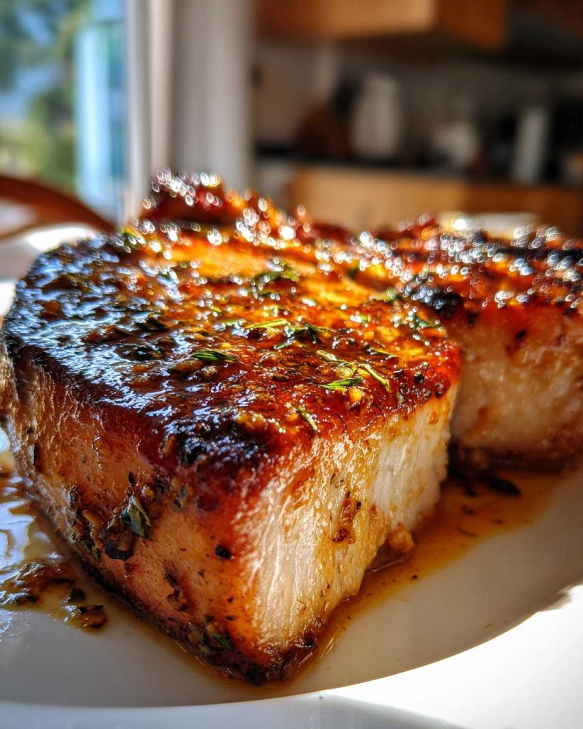 Close-up of a thick, juicy pork chop coated in a shiny Honey Garlic glaze and sprinkled with herbs.