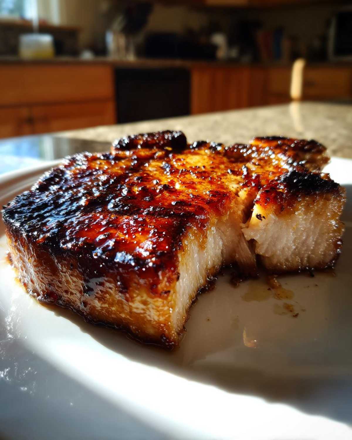 Thick, juicy pork chop coated in a dark, caramelized Honey Garlic Pork glaze, resting on a white plate.