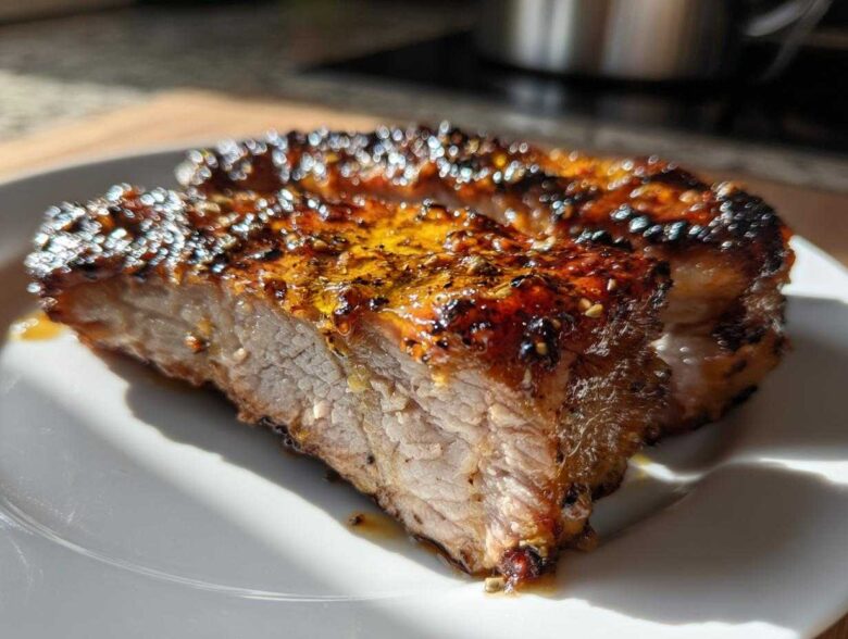 Close-up of a juicy, thick slice of Honey Garlic Pork with a caramelized, glistening glaze and sesame seeds.