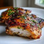 Close-up of juicy Herb Roasted Chicken Thighs with a dark, glazed, crispy skin topped with fresh parsley.
