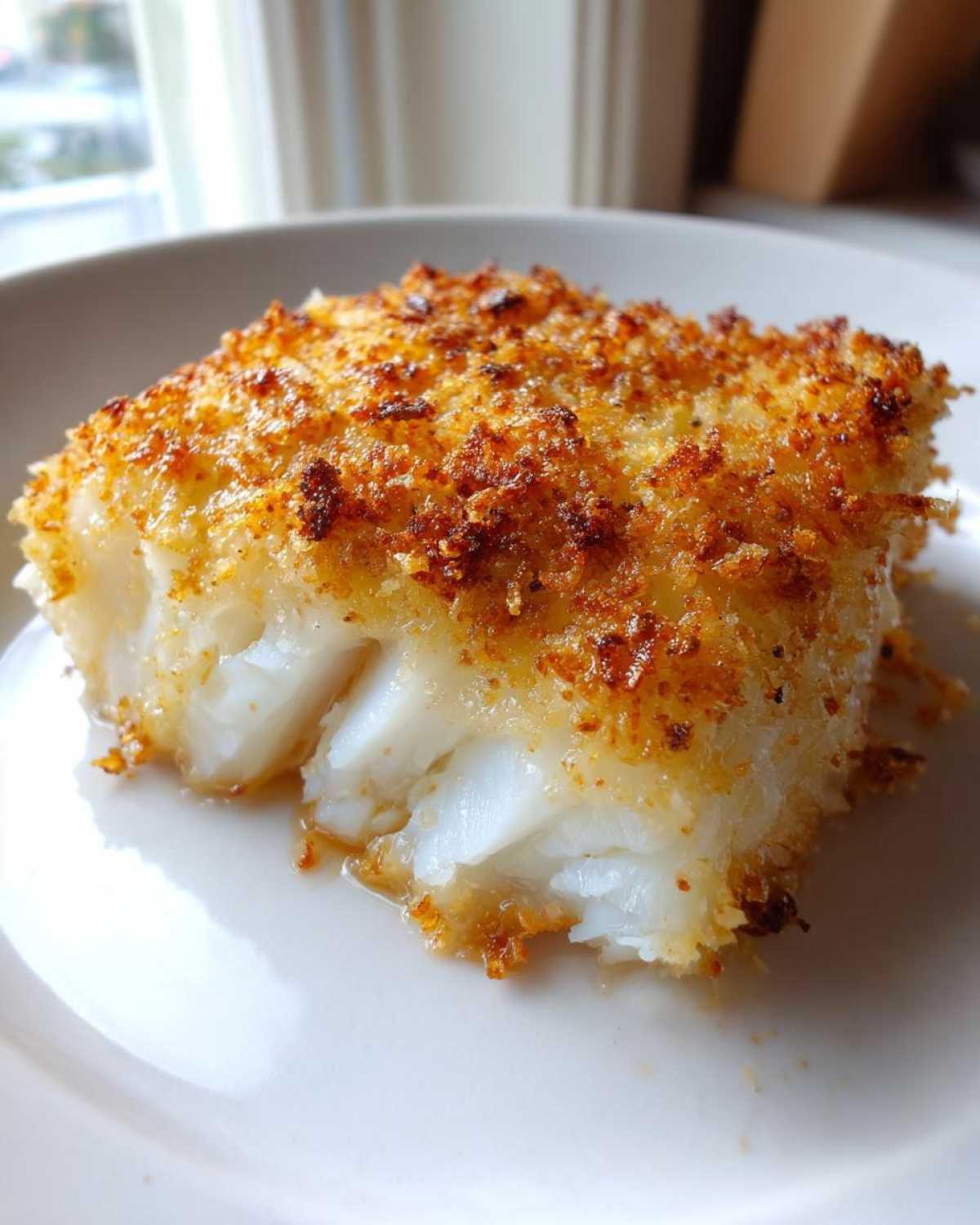 Close-up of a flaky white fish fillet showing the crispy, golden Keto Butter Parmesan Crusted Cod topping.