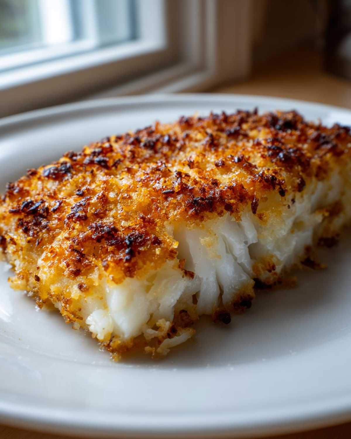 A close-up of a flaky white fish fillet with a golden, crispy Keto Butter Parmesan Crusted Cod topping.