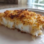 A close-up view of a flaky white cod fillet with a golden brown, crispy Keto Butter Parmesan Crusted topping.