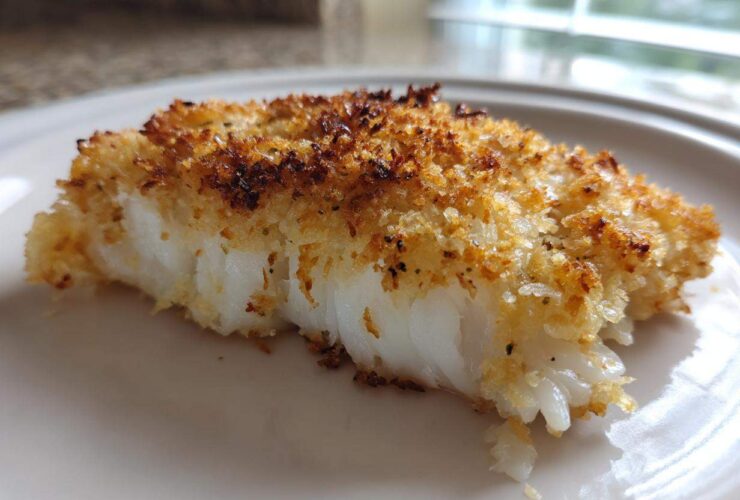 A close-up view of a flaky white cod fillet with a golden brown, crispy Keto Butter Parmesan Crusted topping.