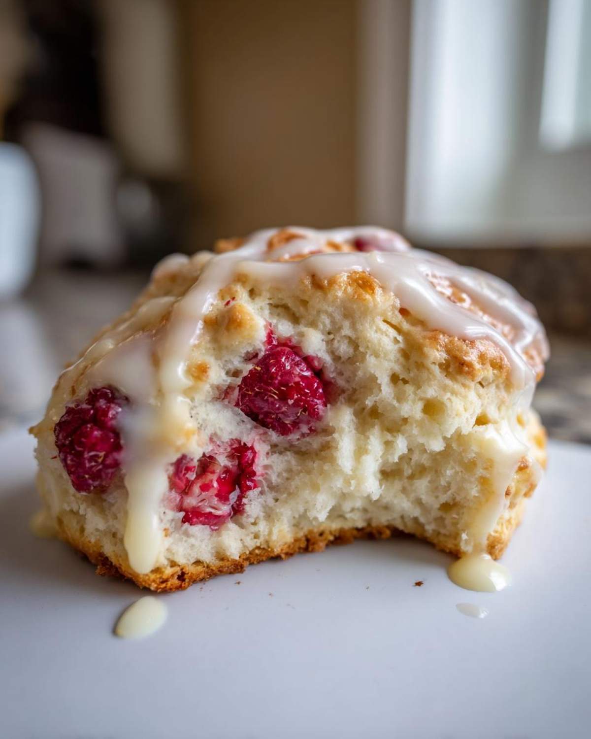 Close-up of a fluffy Lemon Raspberry Scone with a bite taken out, drizzled heavily with white glaze.
