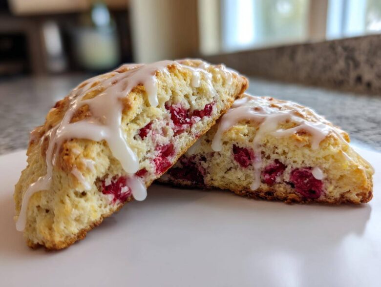 Two halves of a freshly baked Lemon Raspberry Scones, drizzled with thick white icing, showing the bright red raspberries inside.