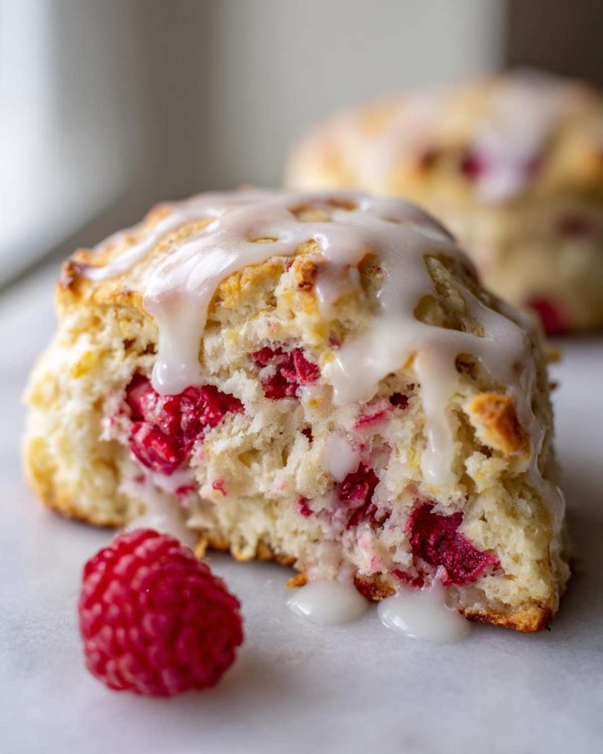 A close-up view of a freshly baked Lemon Raspberry Scones slice, drizzled with white lemon glaze and featuring visible raspberries inside.