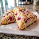 Close-up of two freshly baked Lemon Raspberry Scones drizzled generously with white lemon glaze.