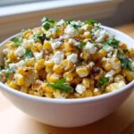 A white bowl filled with creamy, charred Mexican Street Corn Salad Esquites, topped with crumbled white cheese and fresh cilantro.
