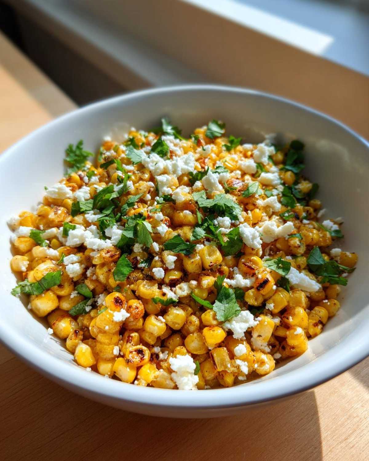 Close-up of a white bowl filled with Mexican Street Corn Salad Esquites, topped with crumbled white cheese and fresh cilantro.
