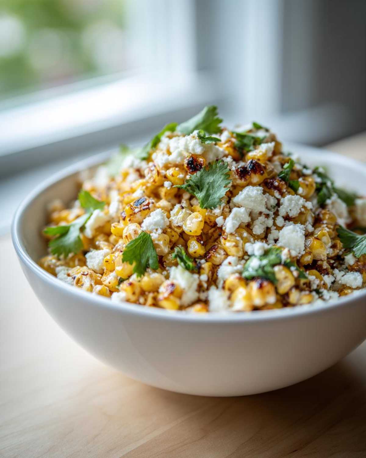 A white bowl filled with charred Mexican Street Corn Salad Esquites, topped with crumbled white cheese and fresh cilantro.