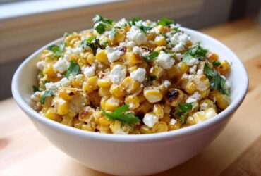 A white bowl filled with creamy, charred Mexican Street Corn Salad Esquites, topped with crumbled white cheese and fresh cilantro.
