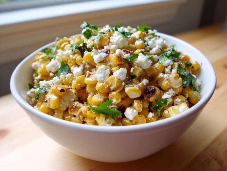 A white bowl filled with creamy, charred Mexican Street Corn Salad Esquites, topped with crumbled white cheese and fresh cilantro.