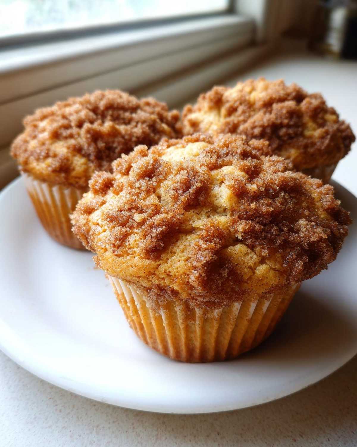 Three moist Coffee Cake Muffins topped with a thick, sugary cinnamon streusel, sitting on a white plate.
