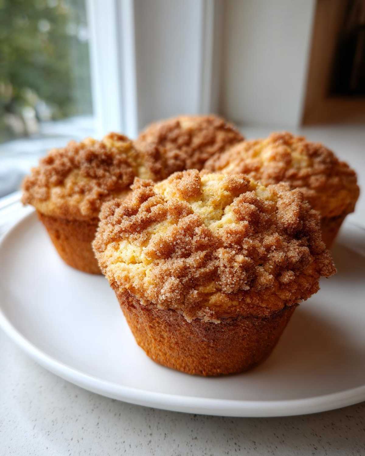 Four freshly baked Coffee Cake Muffins with a thick, sugary cinnamon crumb topping on a white plate.