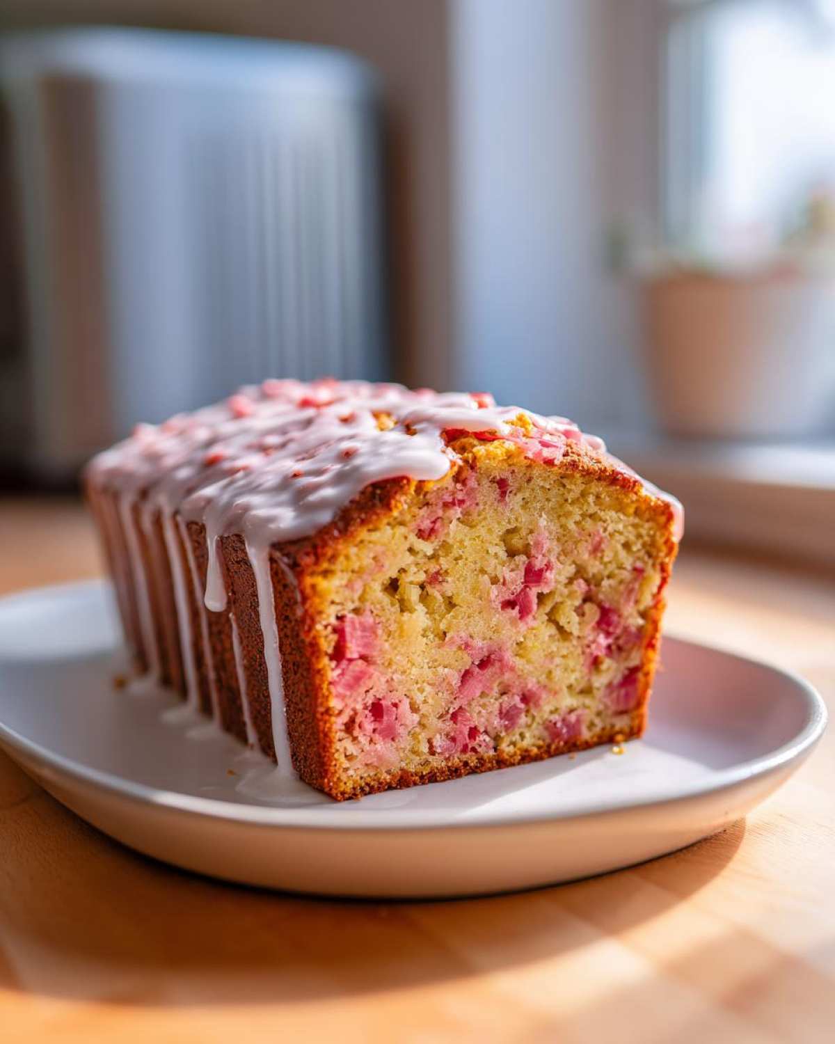 A moist Rhubarb Bread loaf drizzled with white icing, sitting on a white plate in bright sunlight.