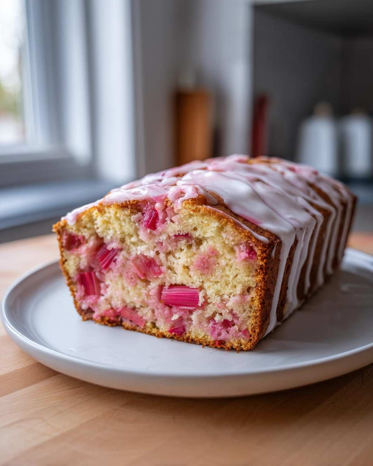 Close-up of a loaf of moist Rhubarb Bread, showing bright pink rhubarb pieces inside and drizzled with white and pink icing.