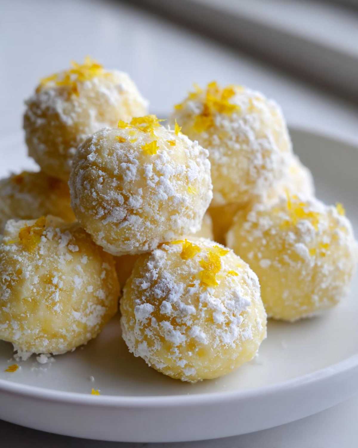 A pile of bright yellow No Bake Lemon Truffles dusted with powdered sugar and topped with lemon zest.