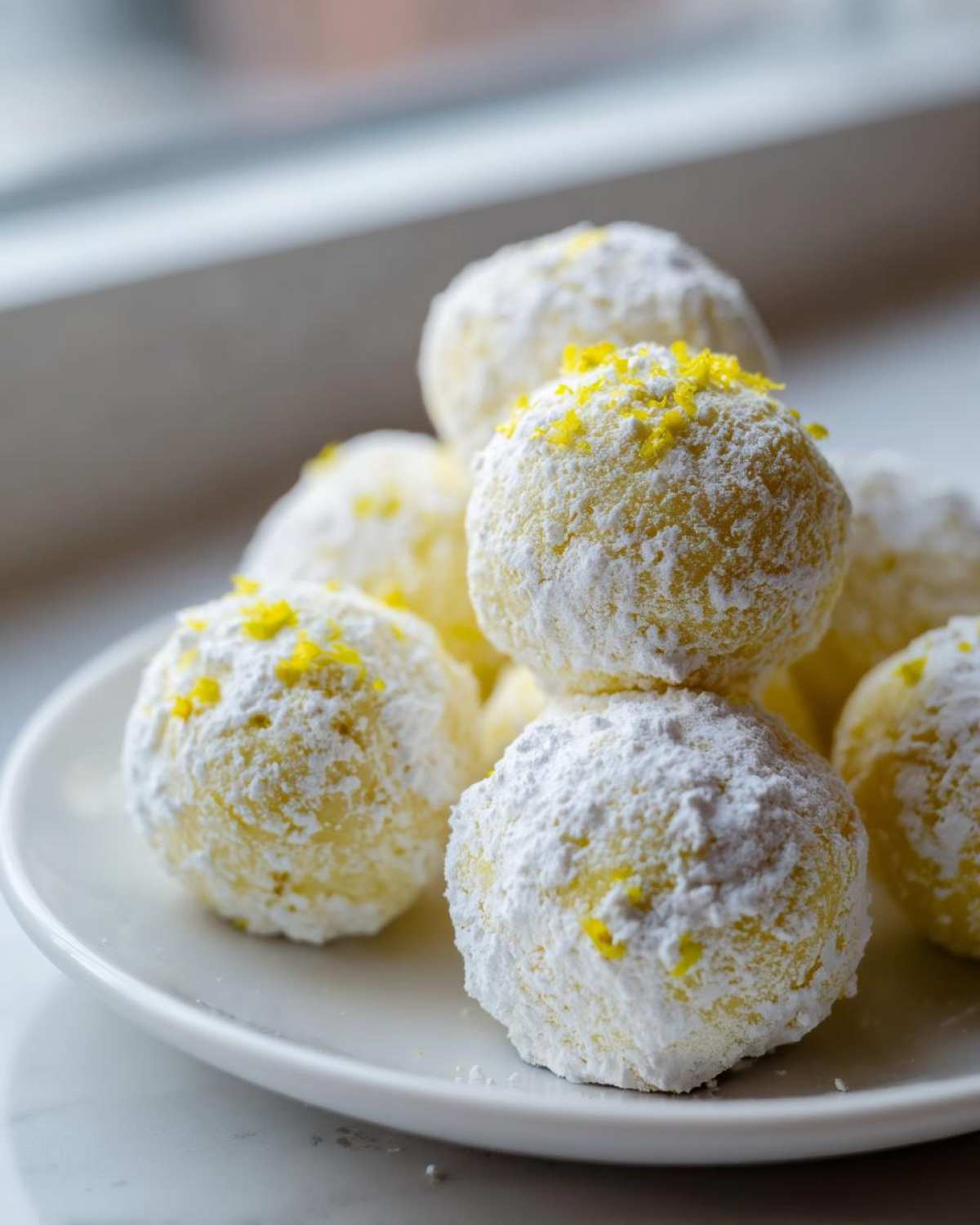 A stack of bright yellow No Bake Lemon Truffles coated in powdered sugar and topped with lemon zest.