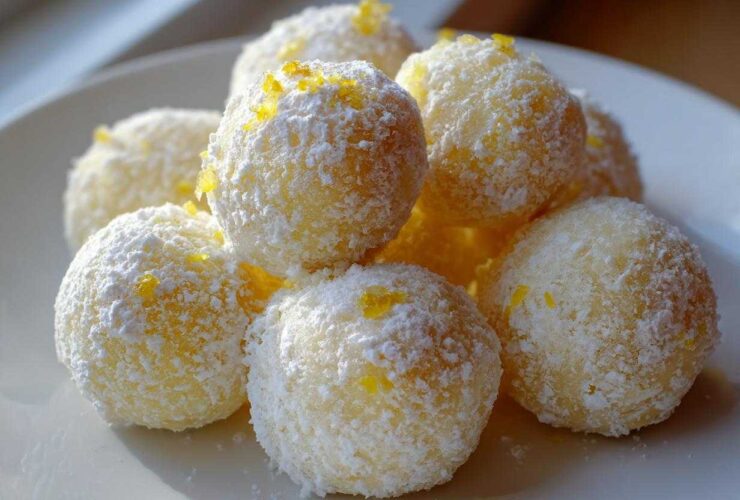 A pile of bright yellow No Bake Lemon Truffles coated in powdered sugar and topped with lemon zest.