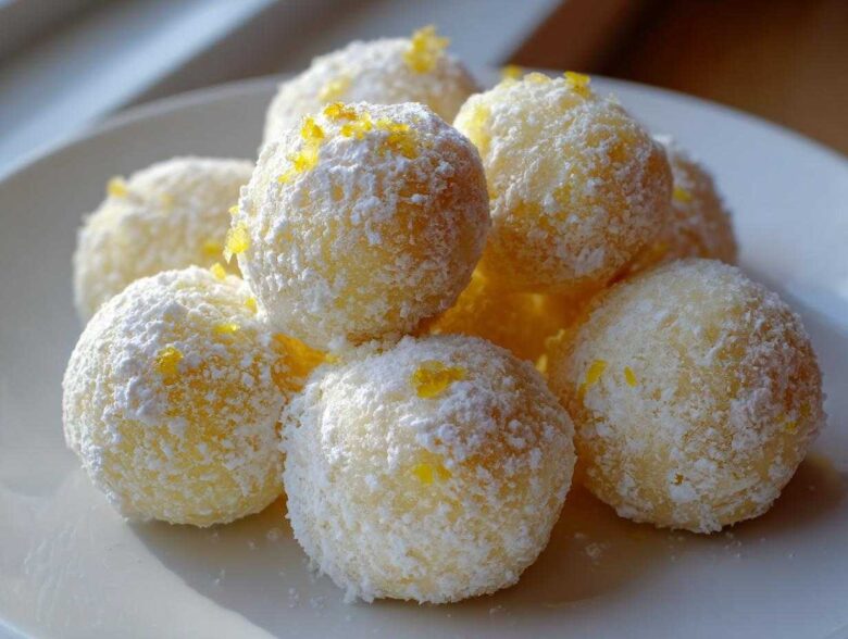A pile of bright yellow No Bake Lemon Truffles coated in powdered sugar and topped with lemon zest.