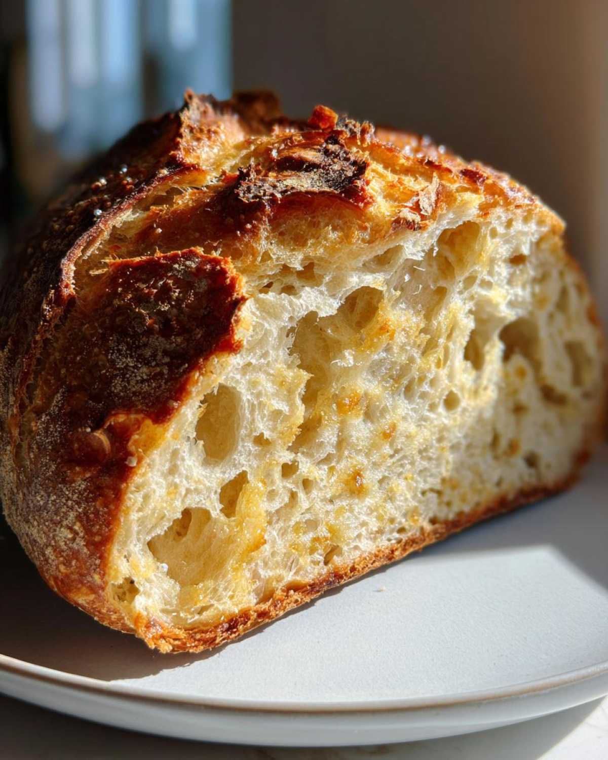 Close-up of a cross-section of No Knead Cheddar Bread showing its open crumb structure and melted cheese pockets.