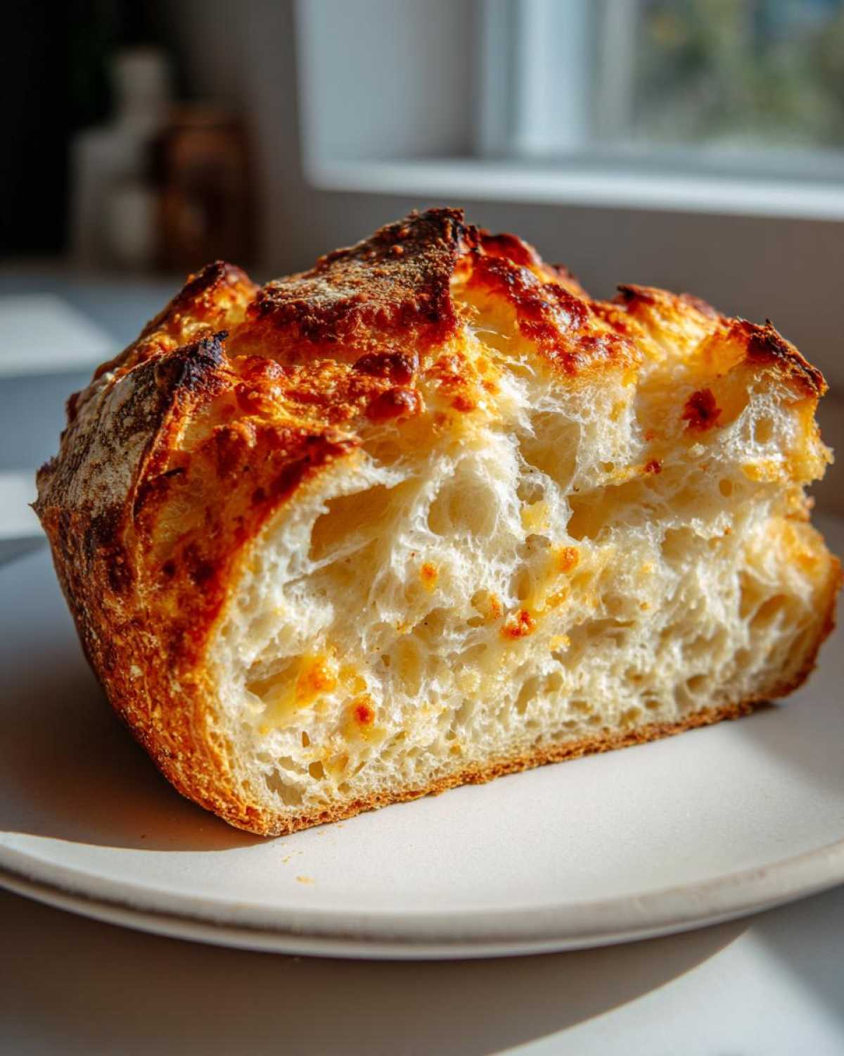 Cross-section of No Knead Cheddar Bread showing an open crumb structure and melted cheddar pieces.