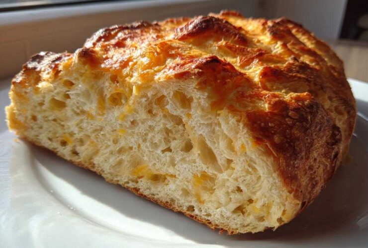 Cross-section of No Knead Cheddar Bread showing airy crumb studded with melted cheese and a golden, crusty top.