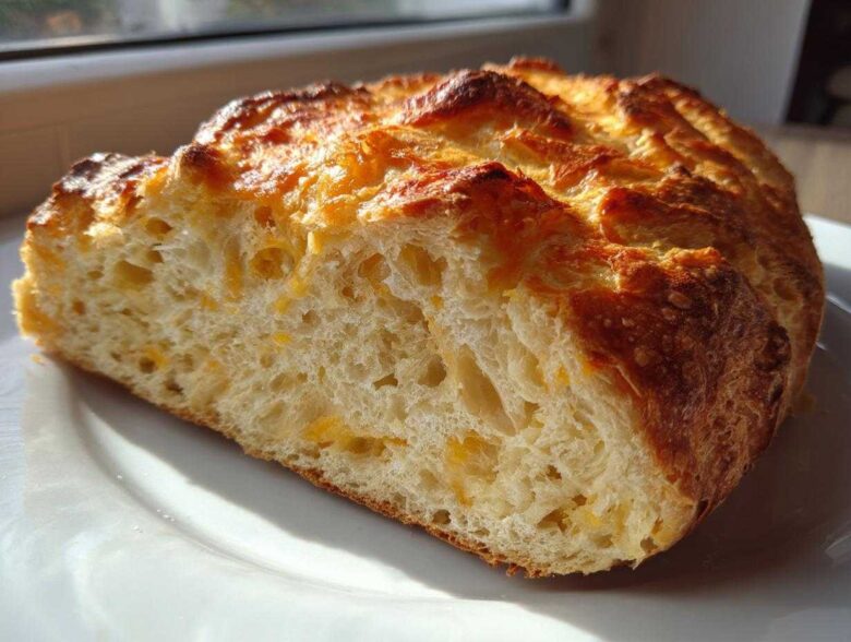 Cross-section of No Knead Cheddar Bread showing airy crumb studded with melted cheese and a golden, crusty top.