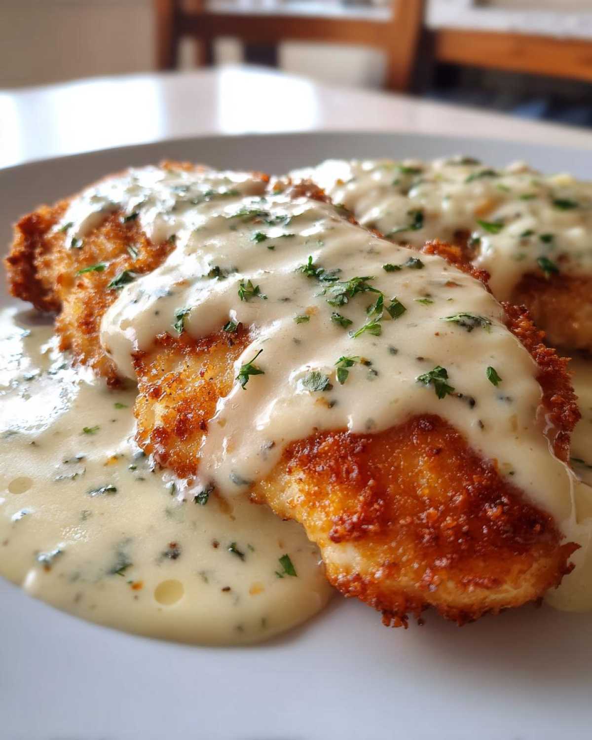 Close-up of golden, breaded Parmesan Chicken smothered in a rich, creamy garlic sauce topped with parsley.
