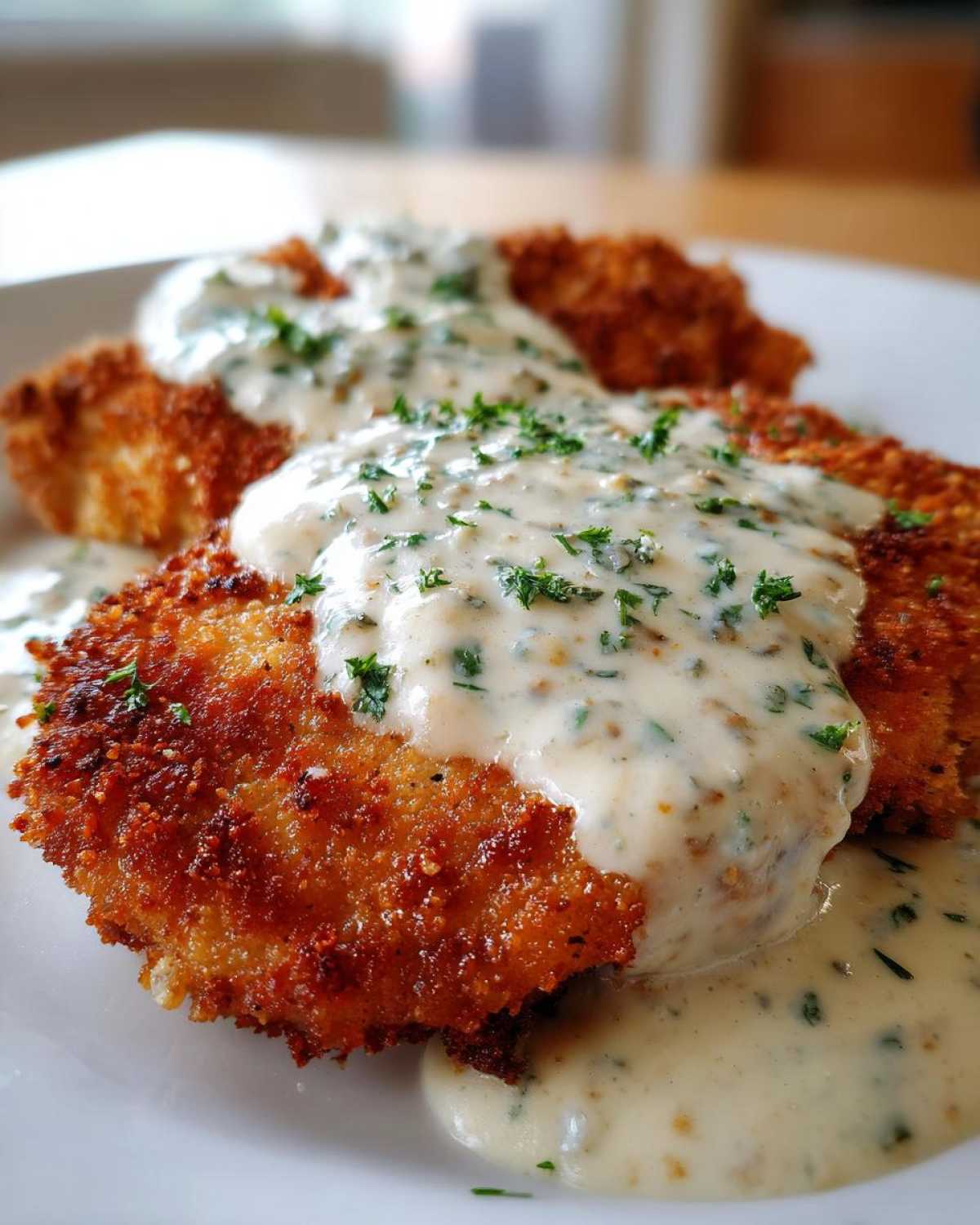 Close-up of crispy, golden-brown Parmesan Chicken topped generously with creamy garlic sauce and fresh parsley.