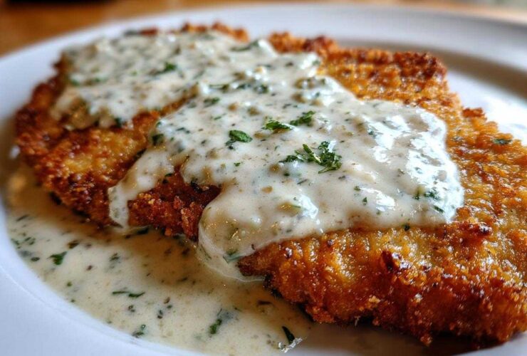 Close-up of crispy, golden Parmesan Chicken smothered in a rich, creamy garlic sauce topped with fresh parsley.