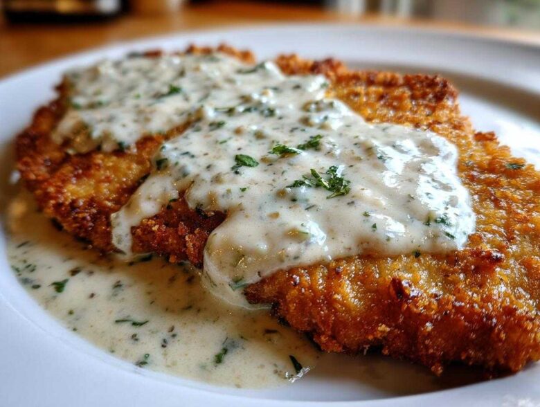 Close-up of crispy, golden Parmesan Chicken smothered in a rich, creamy garlic sauce topped with fresh parsley.