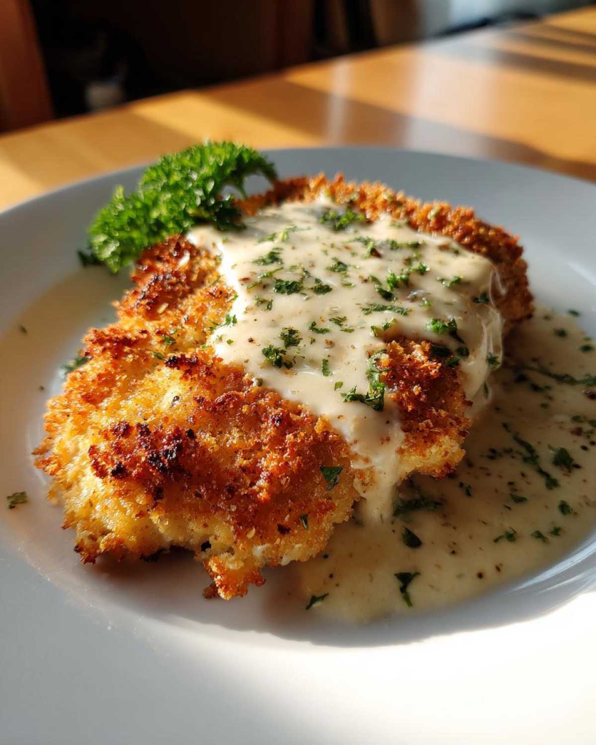 A golden, crispy Parmesan Crusted Chicken topped with rich garlic cream sauce and parsley.