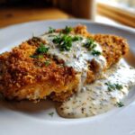 Two pieces of crispy Parmesan Crusted Chicken topped with savory garlic cream sauce and fresh parsley.