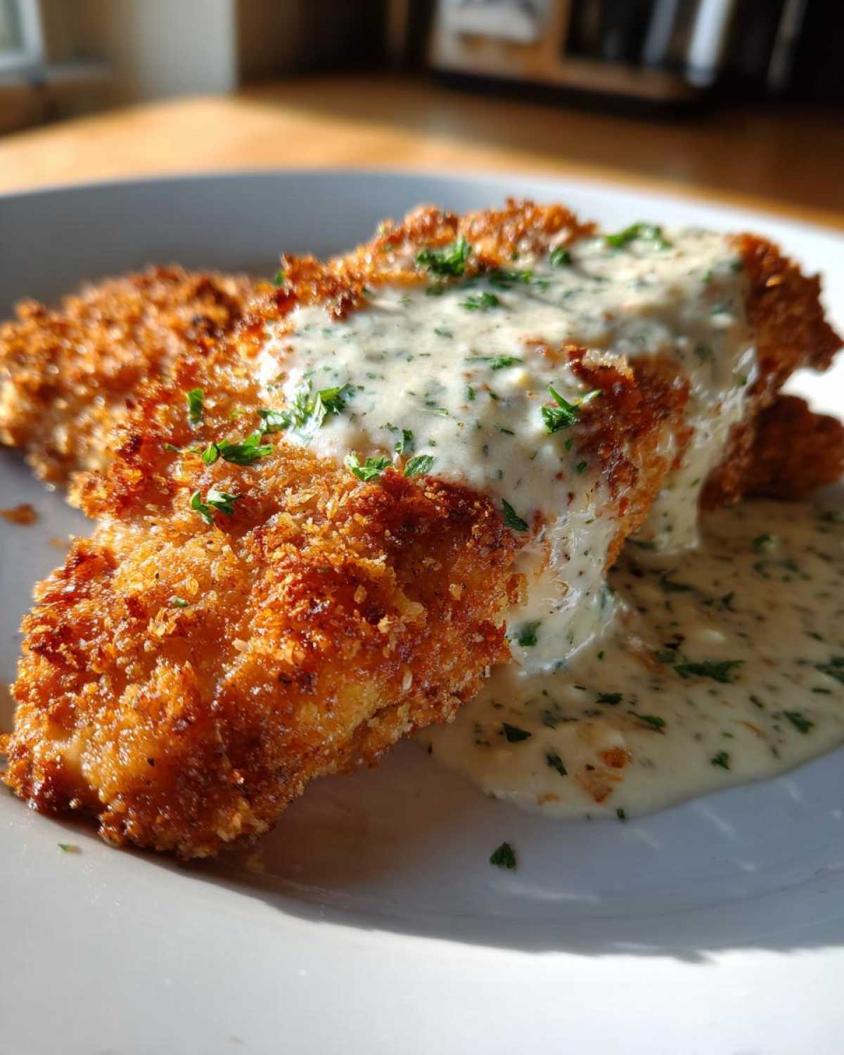 Close-up of crispy Parmesan Crusted Chicken smothered in creamy garlic sauce and garnished with parsley.