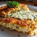 Close-up of golden Parmesan Crusted Chicken topped with creamy garlic sauce and fresh parsley.