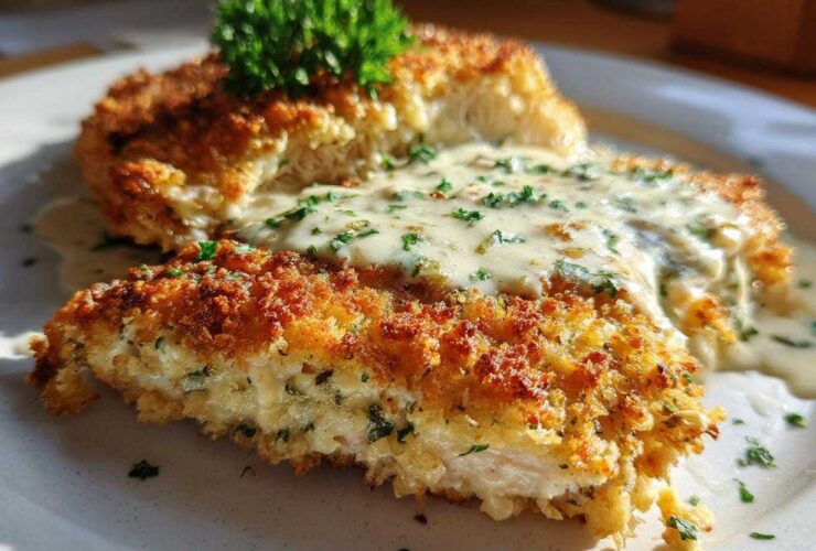 Close-up of golden Parmesan Crusted Chicken topped with creamy garlic sauce and fresh parsley.