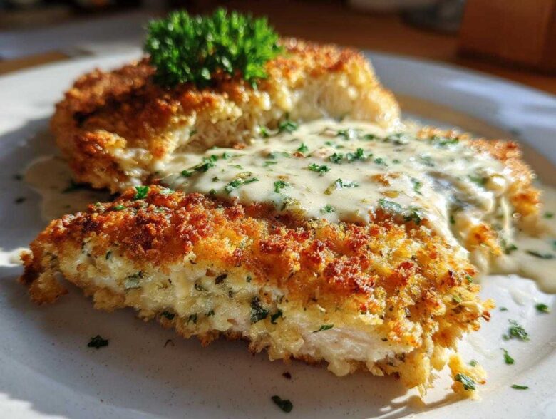 Close-up of golden Parmesan Crusted Chicken topped with creamy garlic sauce and fresh parsley.