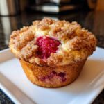 Close-up of a perfectly baked Raspberry Streusel Muffins featuring a bright red raspberry nestled in a sugary, spiced crumb topping.