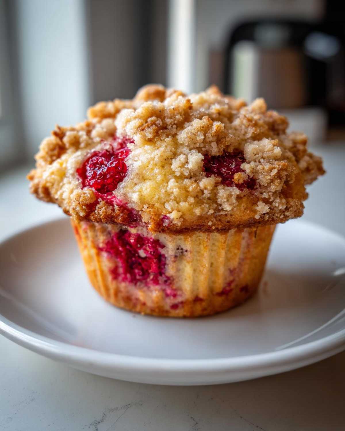 A close-up of a freshly baked Raspberry Streusel Muffin topped with golden brown streusel crumbs and visible raspberries.