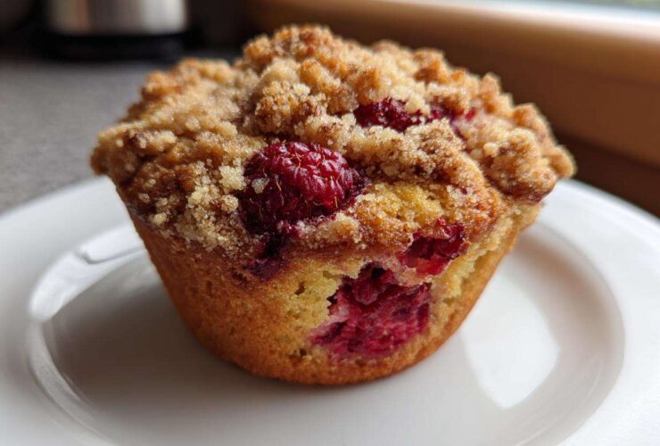 A single, perfectly baked Raspberry Streusel Muffin topped with golden brown streusel sits on a white plate.