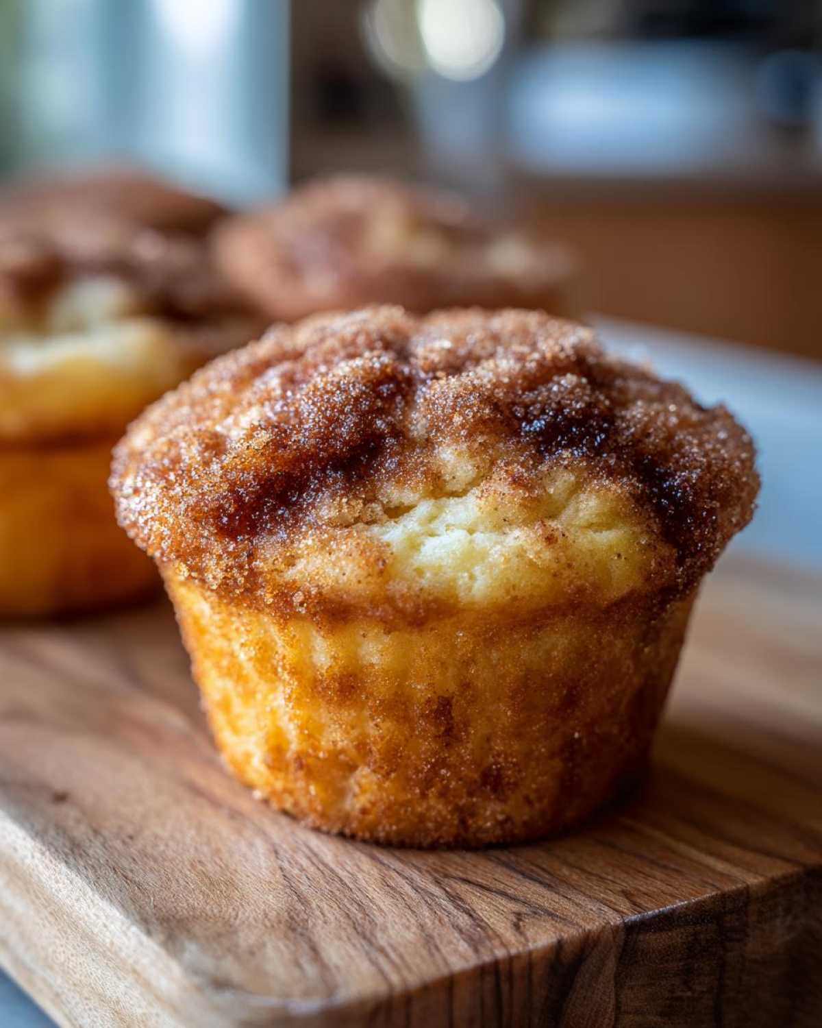 A close-up shot of a freshly baked Rhubarb Muffin with Cinnamon Sugar Topping sitting on a wooden board.